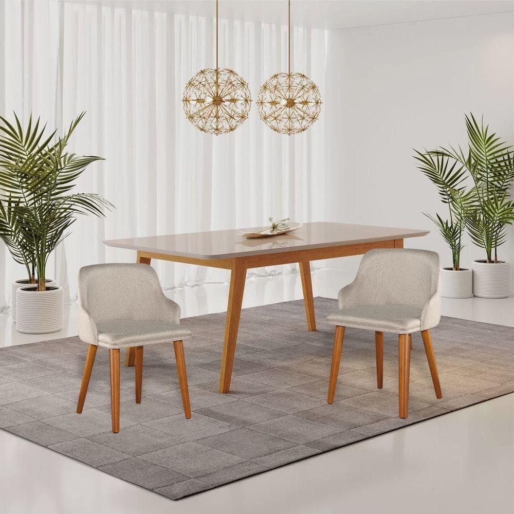 Kit2 Cadeira Diamante Linho C/ Couro Pés Madeira Sala Jantar