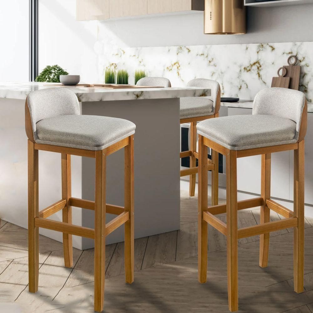 Kit 2 Banquetas Onix Linho C/couro Com Pés Em Madeira Maciça