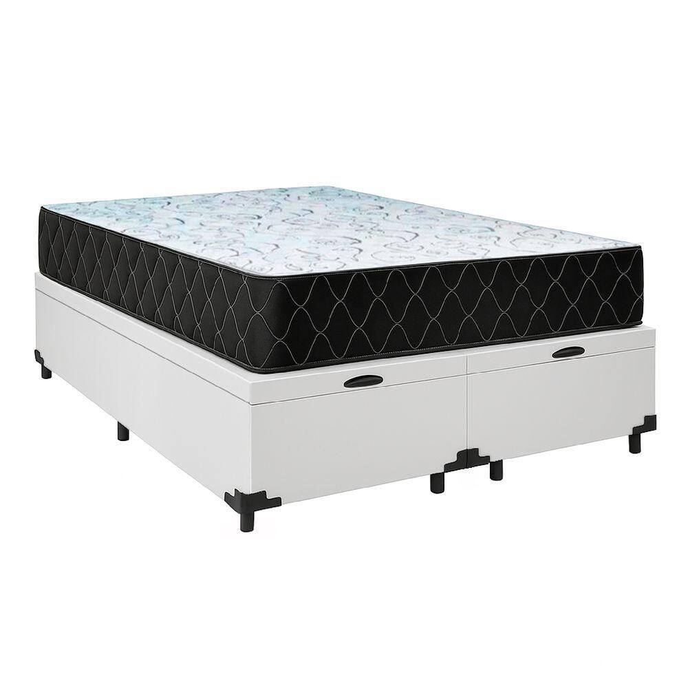 Cama Baú Casal 138 Bipartido Tecido Sintético Branco Com Colchão Marrocos - Poliéster - Espuma D33 30cm