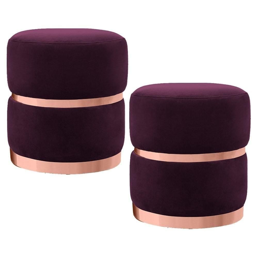 Kit 2 Puffs Decorativos Com Cinto E Aro Rosê Round C-292 Veludo Uva - Domi