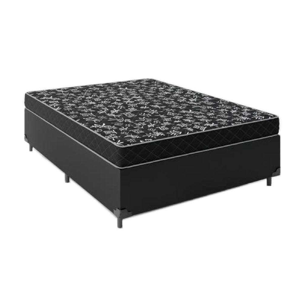 Cama Box Casal 138 Tecido Sintético Preto Com Colchão Espuma D20 - Tampo Preto 12cm