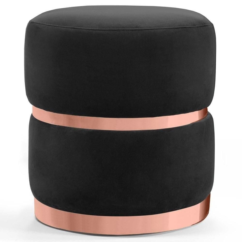 Puff Decorativo Com Cinto E Aro Rosê Round C-300 Veludo Preto - Domi