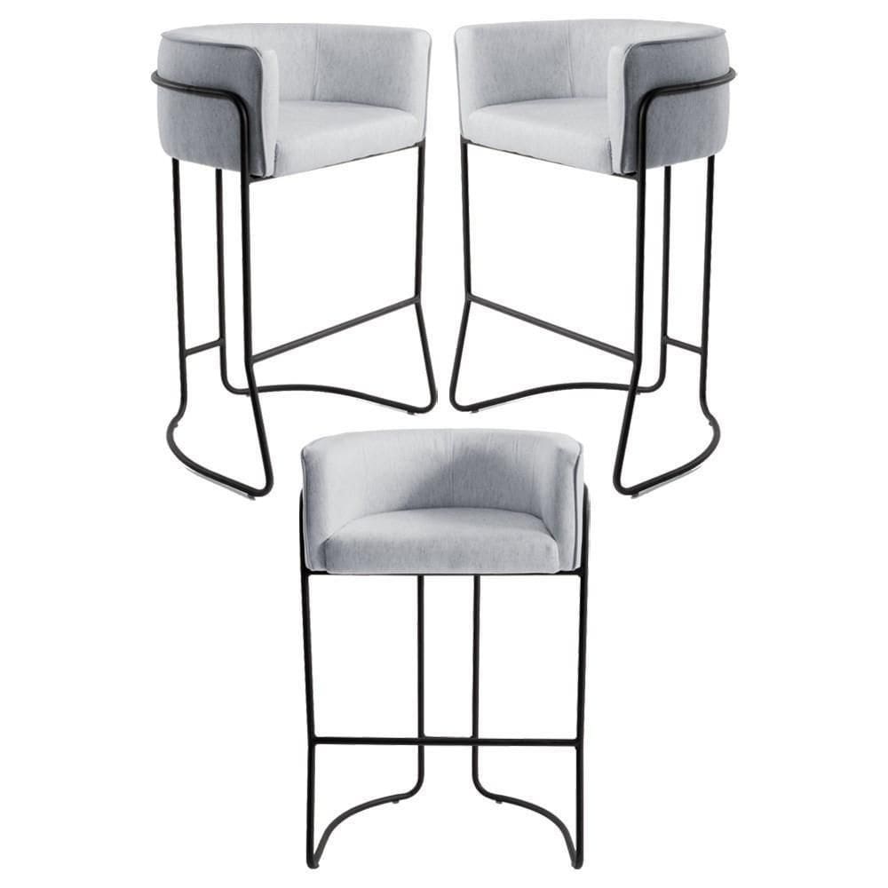 Kit 3 Banquetas Decorativas Base Aço Preto Betina Linho D-315 Cinza - Domi