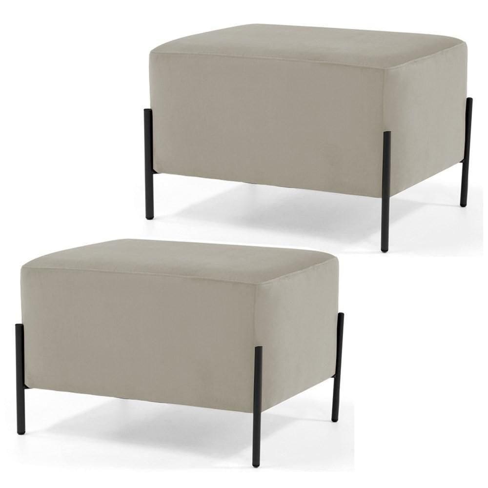 Kit 2 Puffs Decorativos 60cm Base Aço Status C-309 Veludo Bege - Domi