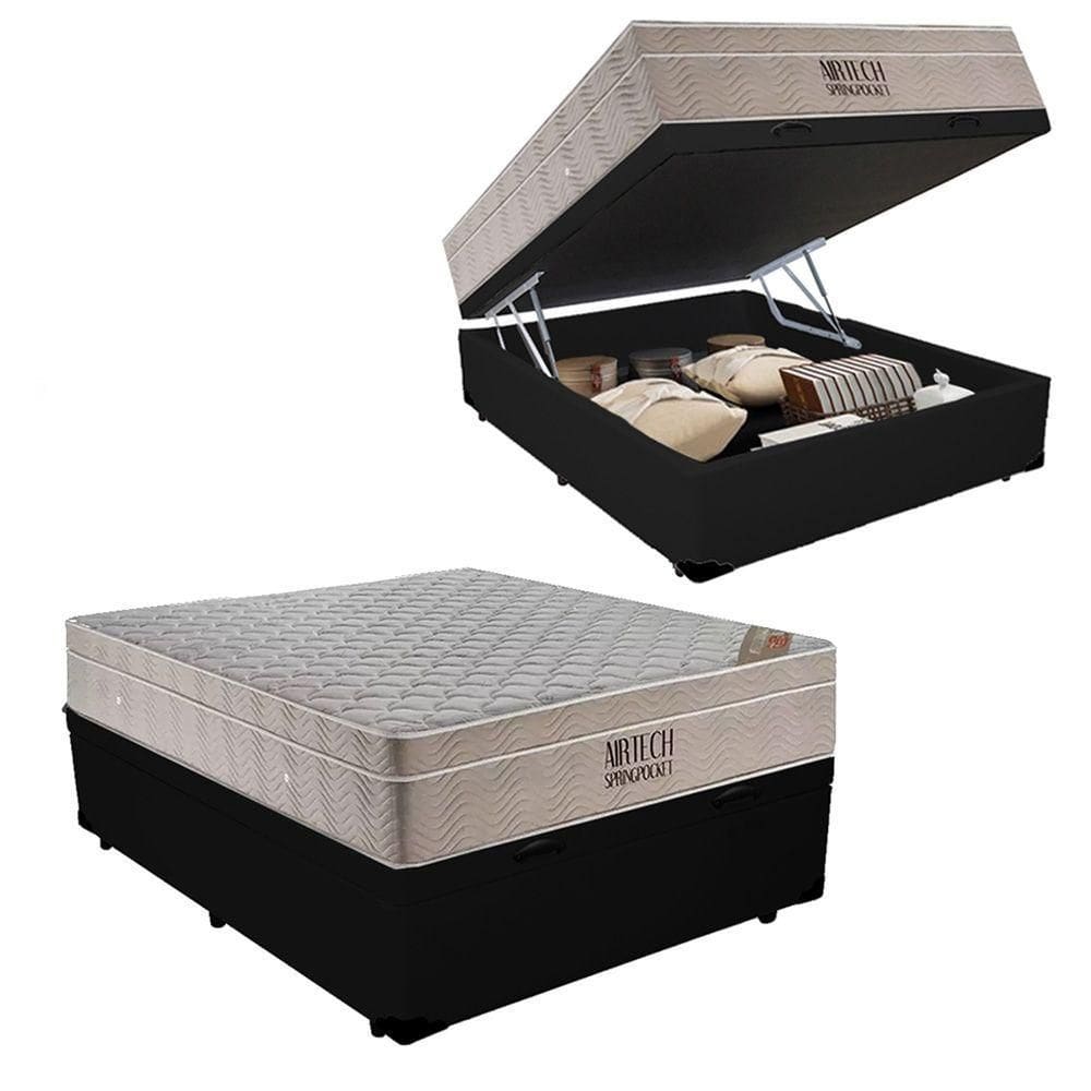 Cama Box Baú Casal Sintético + Colchão Molas Ensacadas Ortobom Airtech 138x188x67 Preto