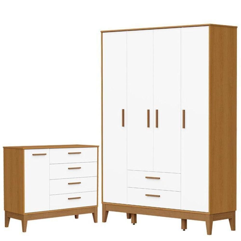 Guarda Roupa Infantil Flip 4 Portas Com Cômoda Sapateira Infantil Flip Branco Acetinado Savana - Reller