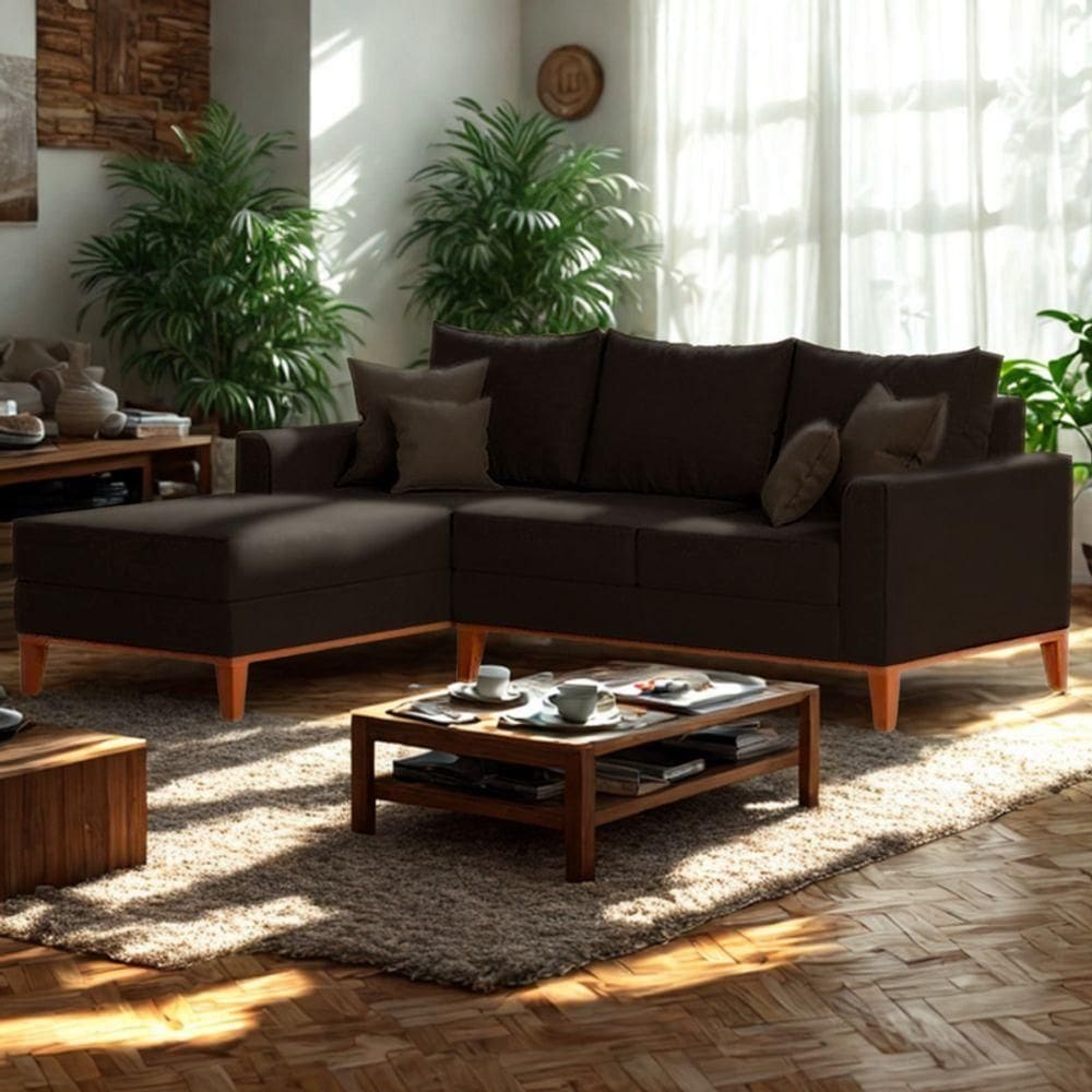 Sofá 3 Lugares Beny Com Chaise Esquerdo Corino Marrom