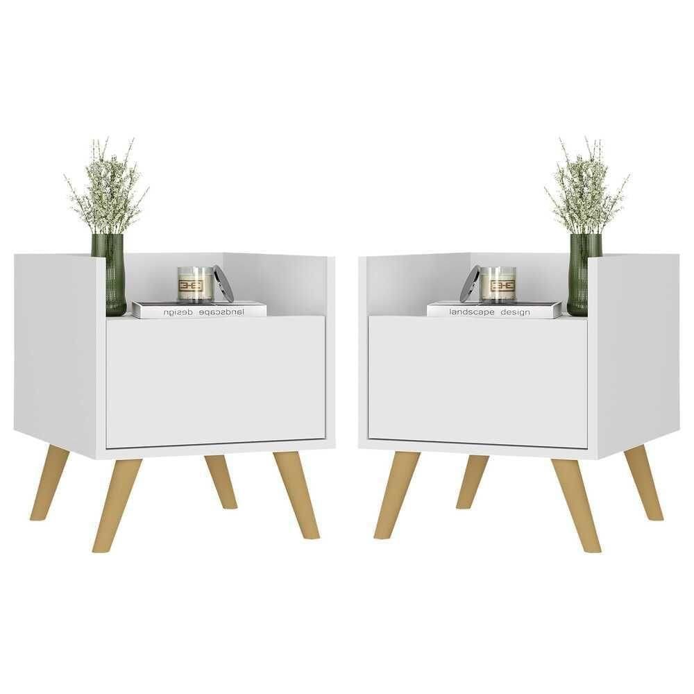 Kit Com 2 Mesas De Cabeceira 40Cm Retrô Multimóveis V4044 Branca/Natural Branco/Natural