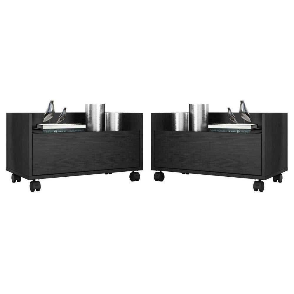 Kit Com 2 Mesas De Cabeceira 80Cm Com Rodízios Multimóveis V4007 Preta Preto