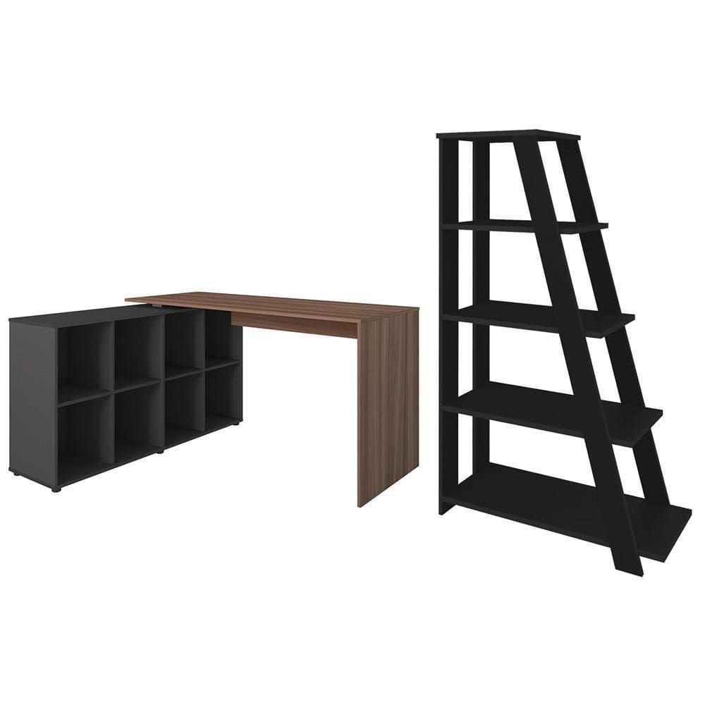 Mesa Escrivaninha Em L Eron E Estante Livreiro Stela A06 Freijó/preto - Mpozenato