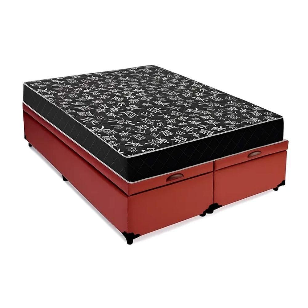 Cama Box Baú Casal 138 Bipartido Tecido Sintético Marrom Com Colchão Espuma D20 - Tampo Preto Bello Box 12cm