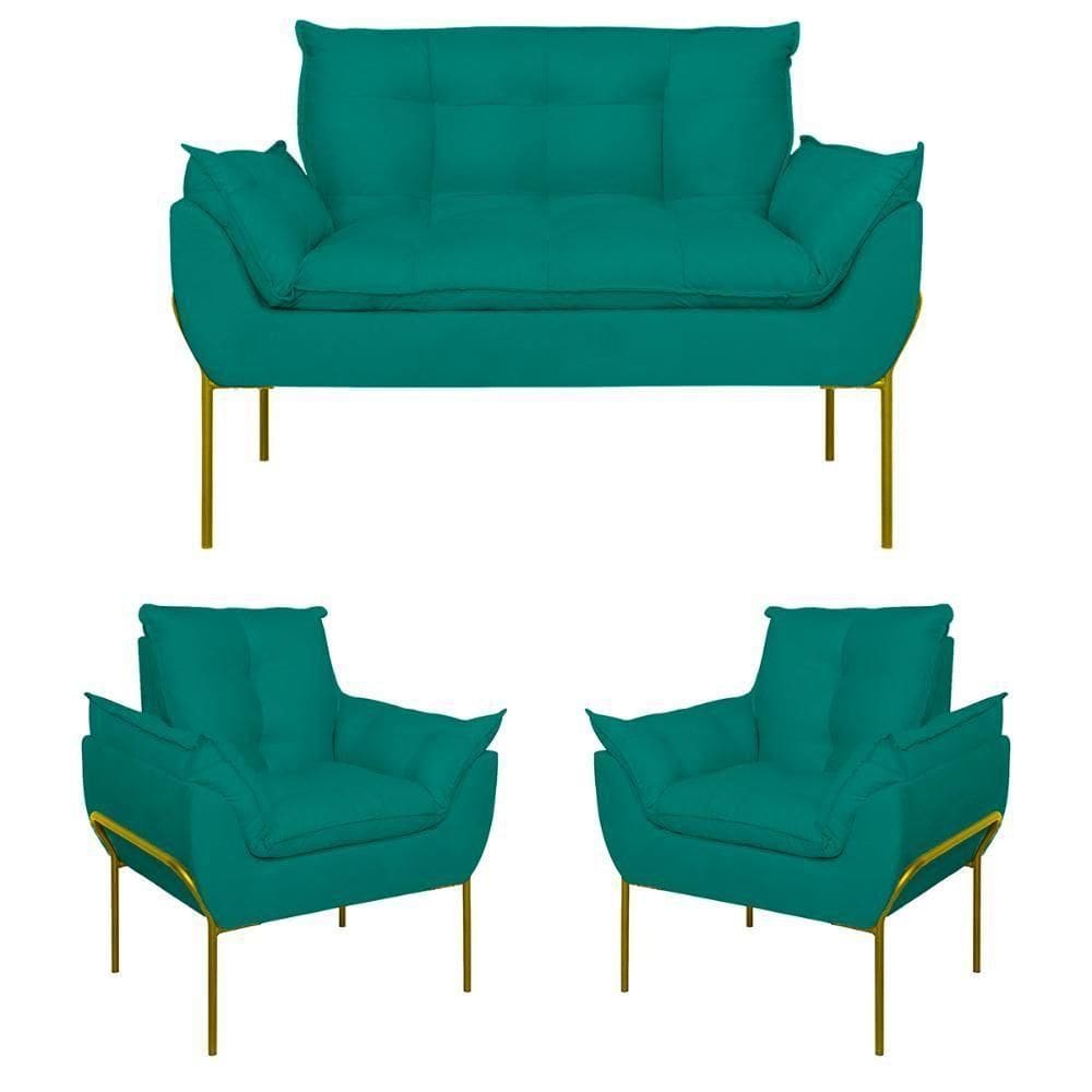 Kit 02 Poltronas + Namoradeira Reforçada Opala Metal Dourado Azul Turquesa