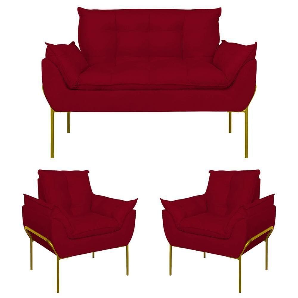 Kit 02 Poltronas + Namoradeira Reforçada Opala Metal Dourado Vermelho