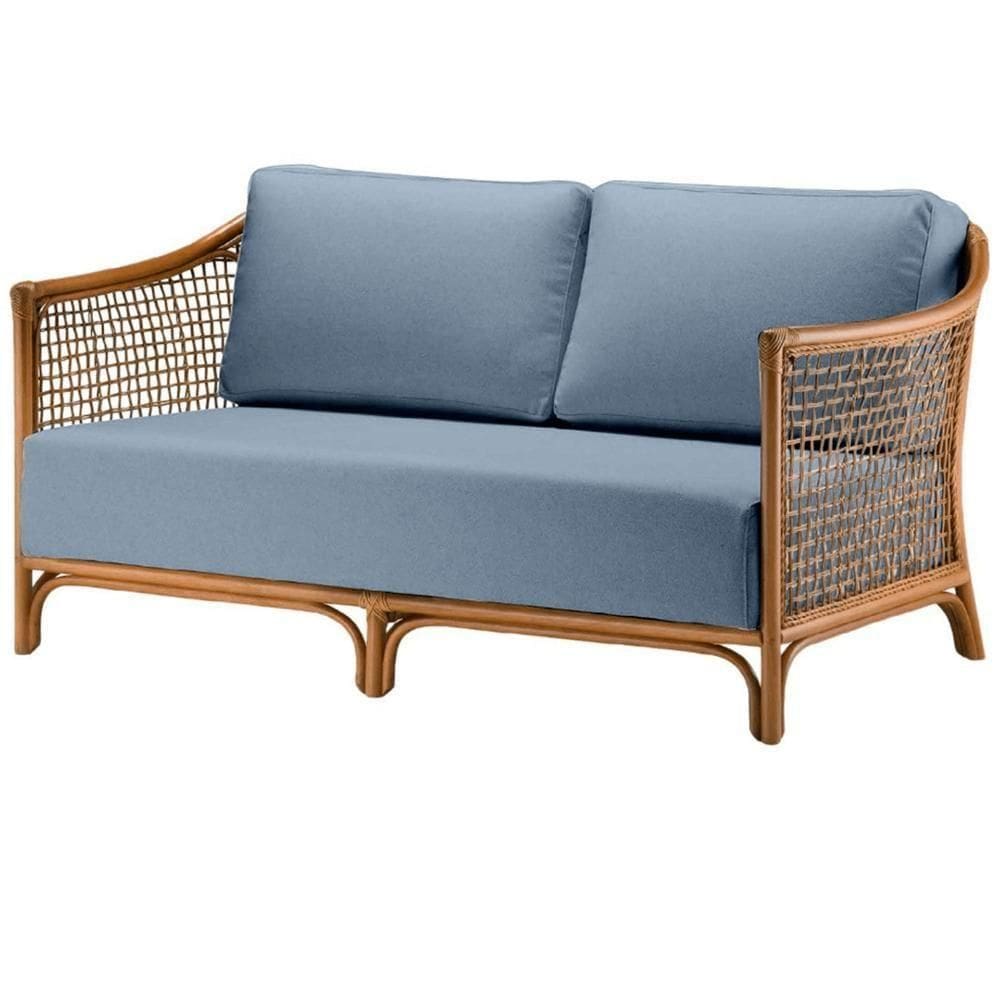 Sofá Oslen Ozki 152 Cm Madeira Eucalipto Cedro Tecido Azul Corda Junco Natural