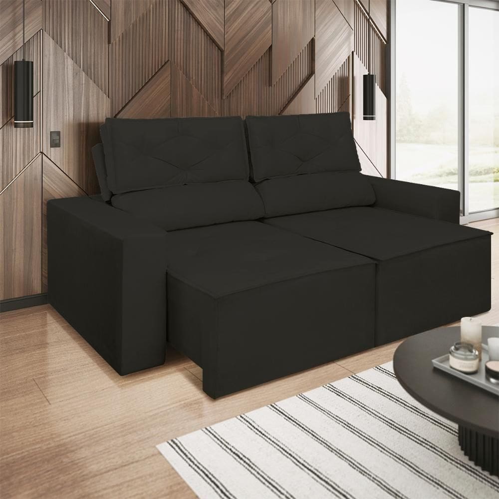 Sofá Reclinável Retrátil 3 Lugares Luxo C- Molas Balaqui Preto