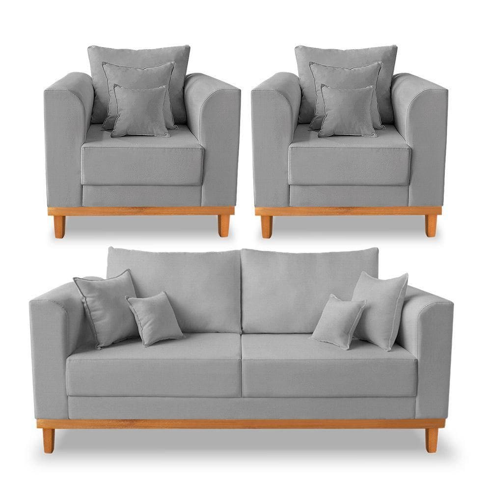 Kit Sofá 3 Lugares E 2 Poltronas Beny Viena Linho Cinza
