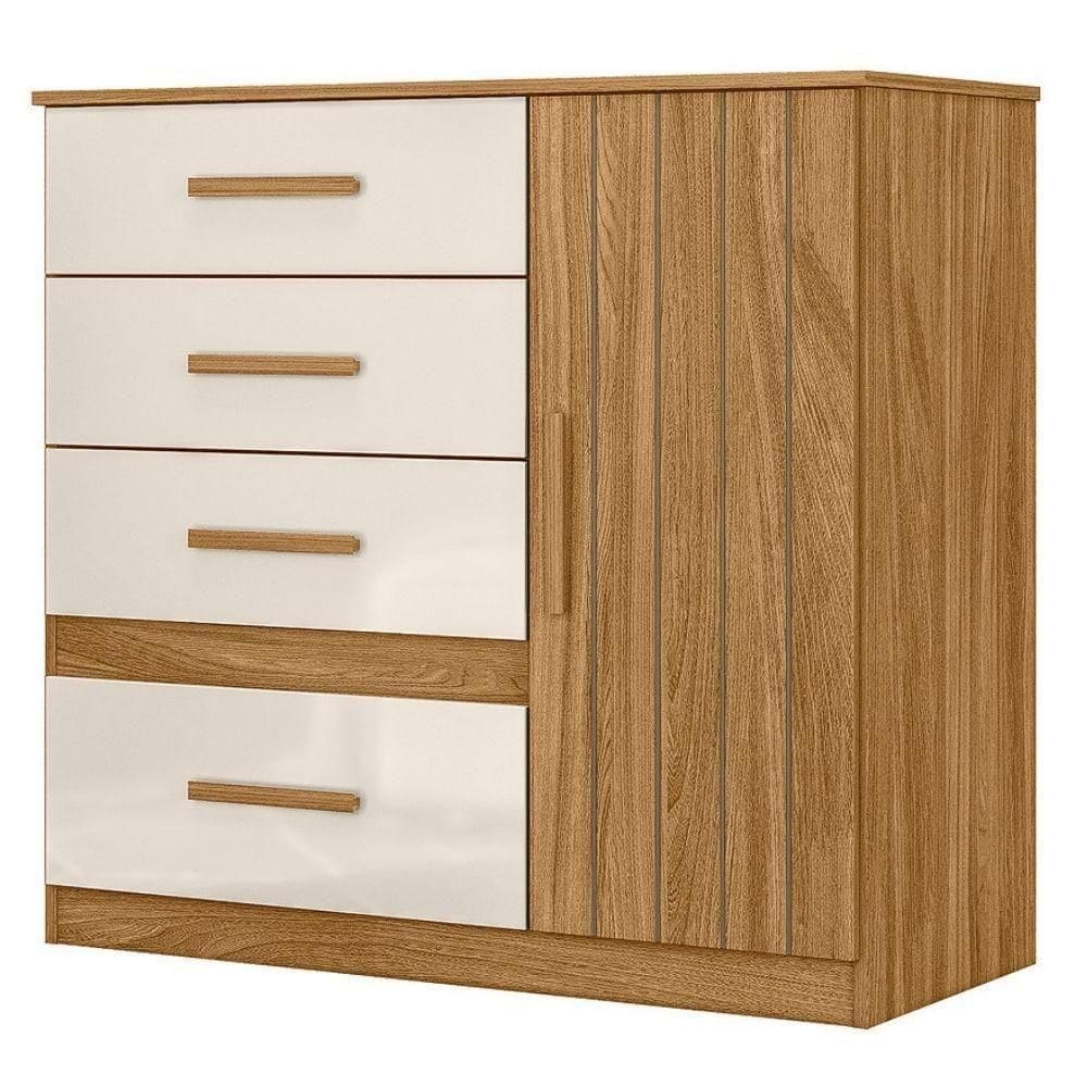 Comoda Venus 4 Gavetas 1 Porta 98 Cm Freijo Off White Friso Moval