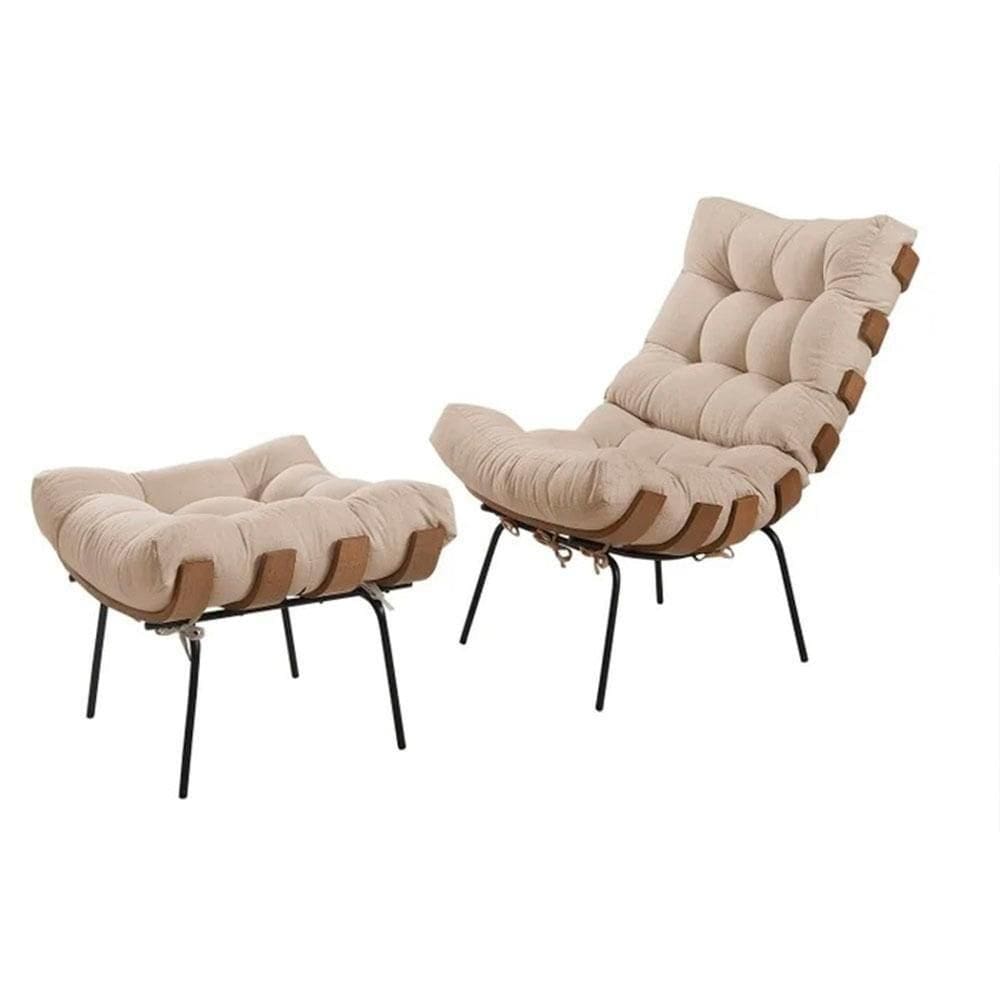 Poltrona Costela Com Puff Linho Bege