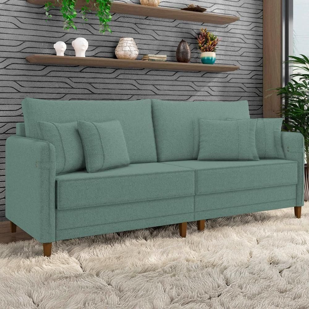 Sofá 3 Lugares Living 212cm Pé Madeira Zoe Linho Verde Z08 - Mpozenato