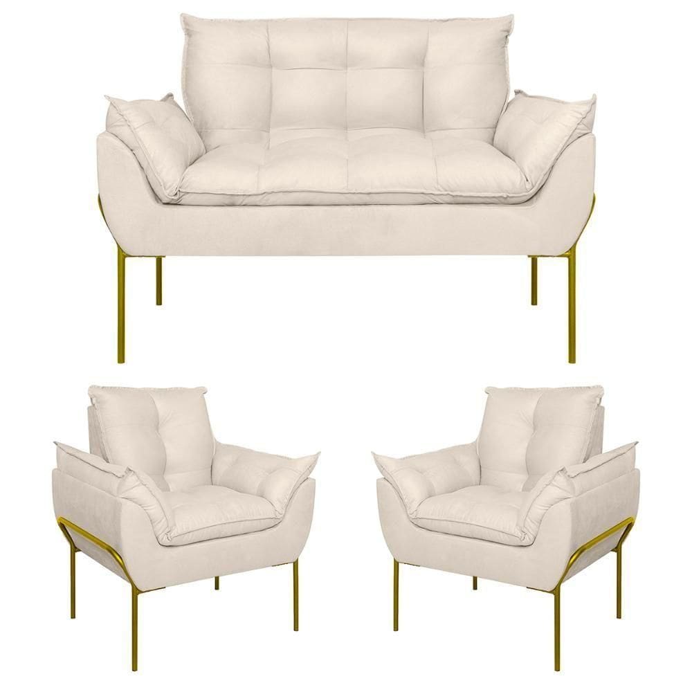 Kit 02 Poltronas + Namoradeira Reforçada Opala Metal Dourado Bege