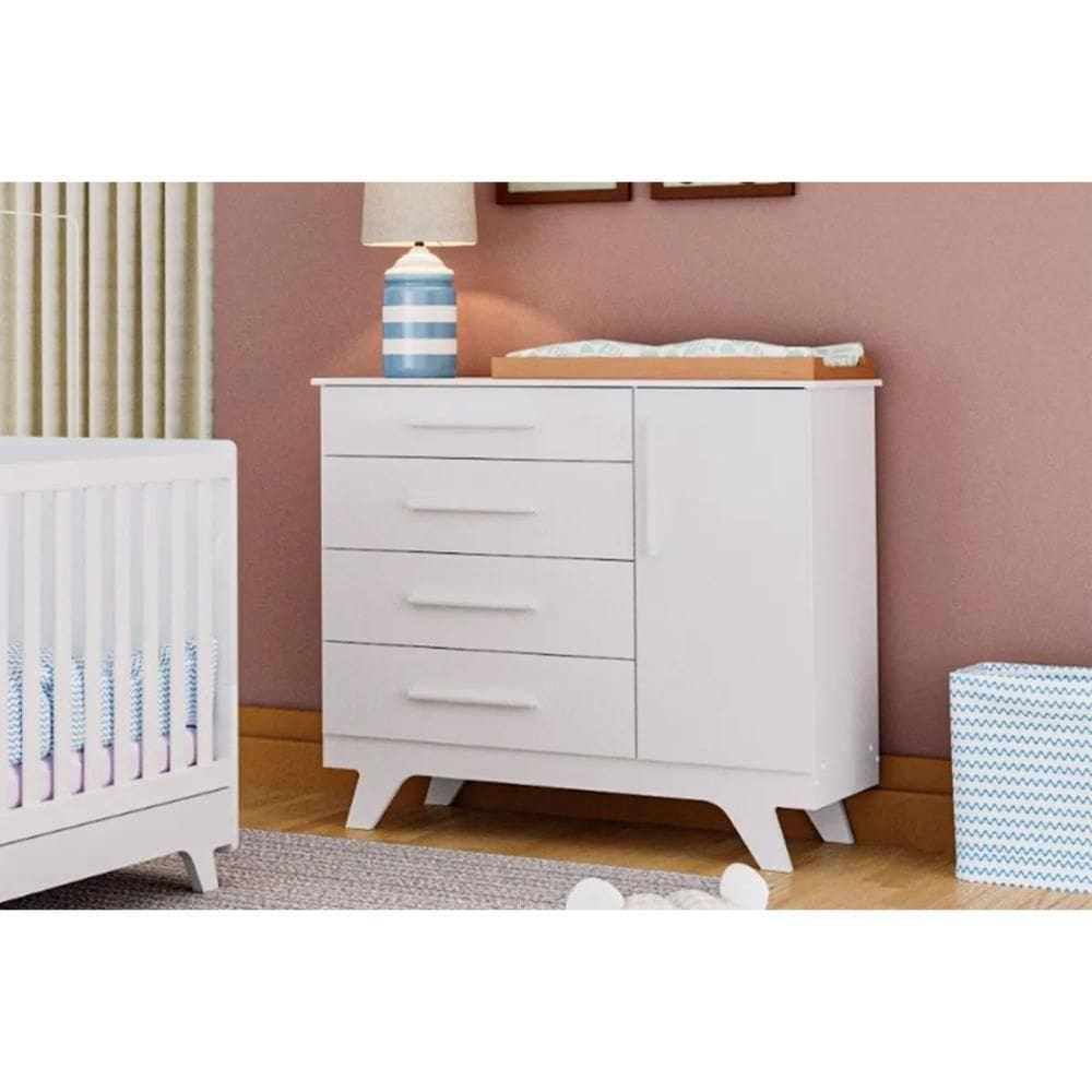 Cômoda Infantil Retrô C- 1 Porta E 4 Gavetas Branco - Peroba