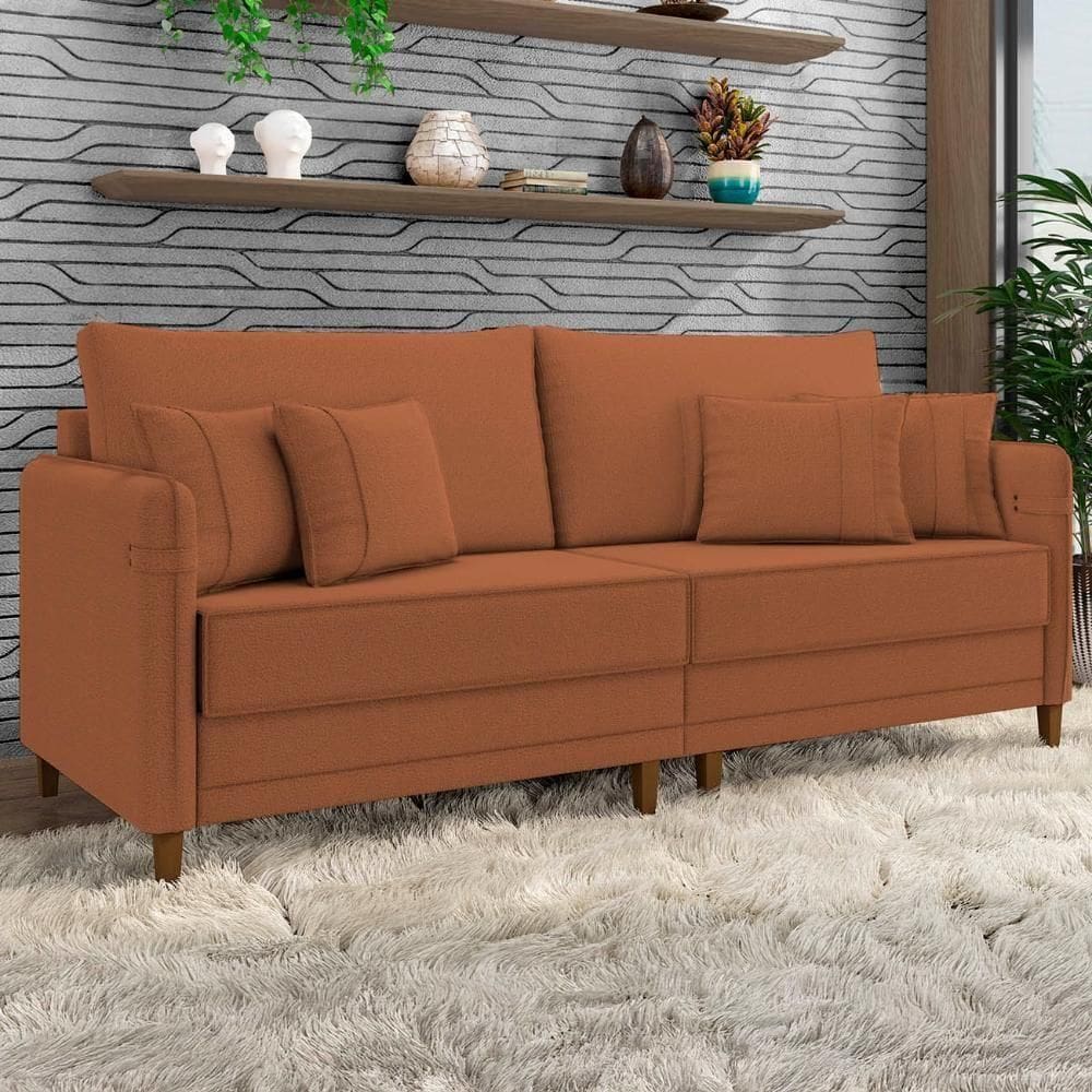 Sofá 3 Lugares Living 192cm Pé Madeira Zoe Boucle Terracota Z08 - Mpozenato