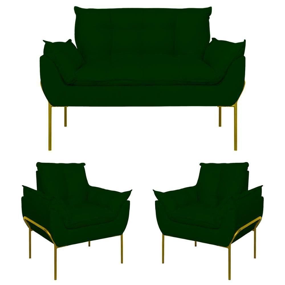 Kit 02 Poltronas + Namoradeira Reforçada Opala Metal Dourado Verde