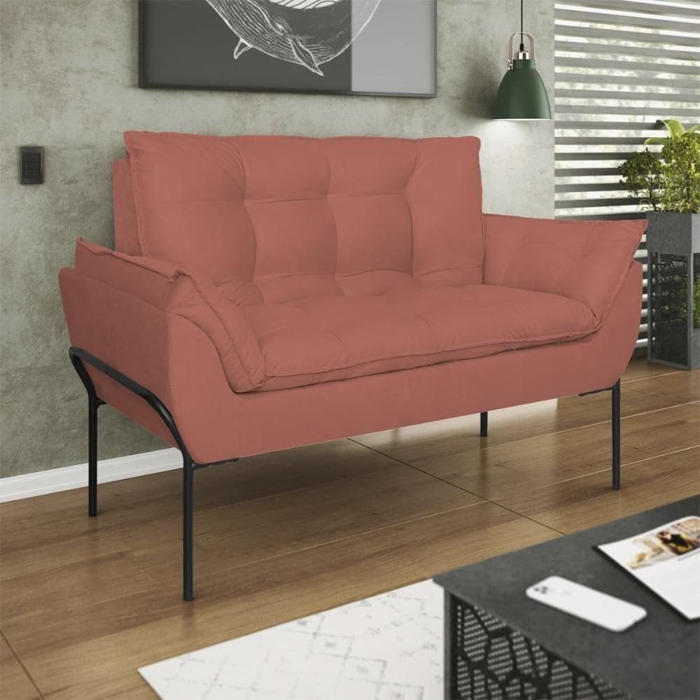 Sofá Namoradeira Base Metal Preta Reforçada Tecido Suede Rosa