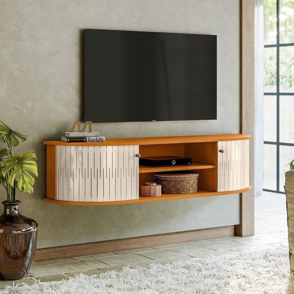 Rack Tv 60 Pol 136cm Bancada Suspenso Ripado Norezi M20 - D`rossi Cinamomo E Off White