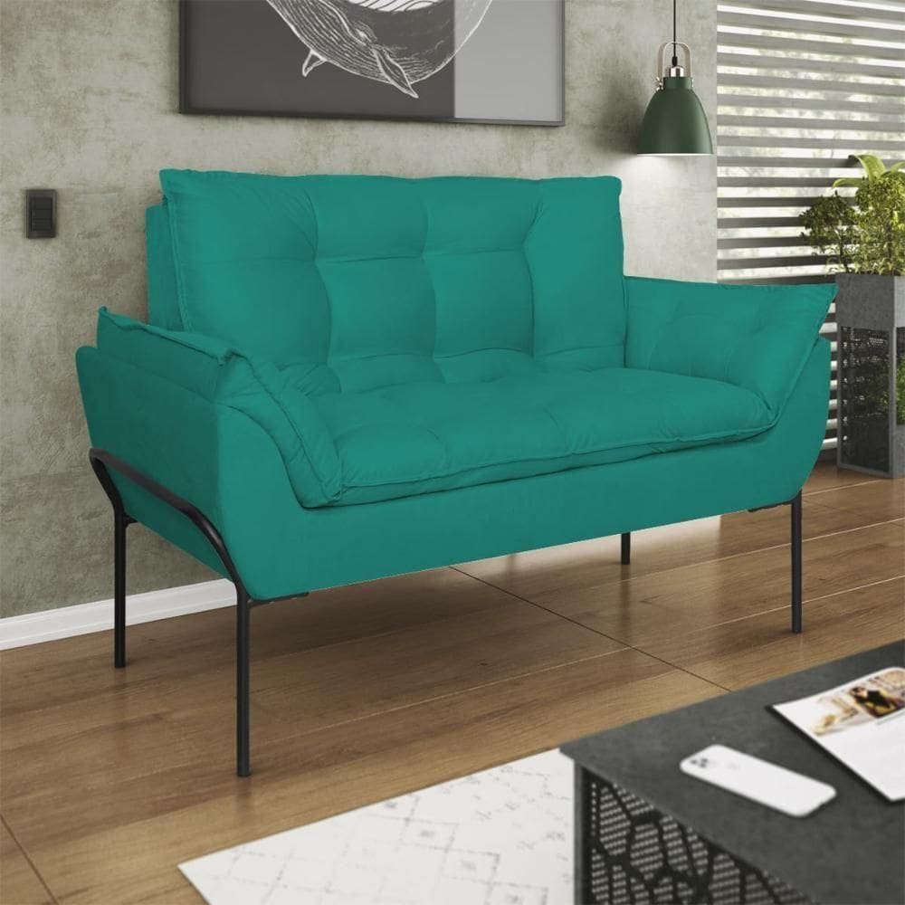 Sofá Namoradeira Base Metal Preta Reforçada Tecido Suede Azul Turquesa