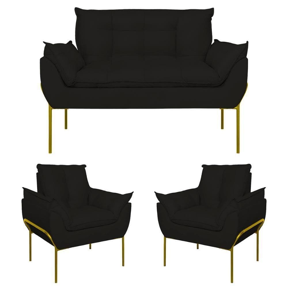 Kit 02 Poltronas + Namoradeira Reforçada Opala Metal Dourado Preto