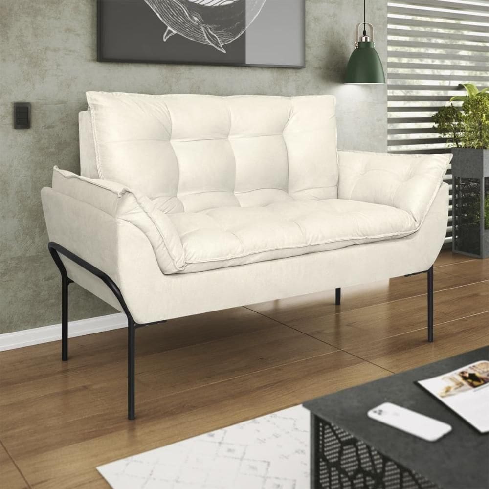 Sofá Namoradeira Base Metal Preta Reforçada Tecido Suede Bege