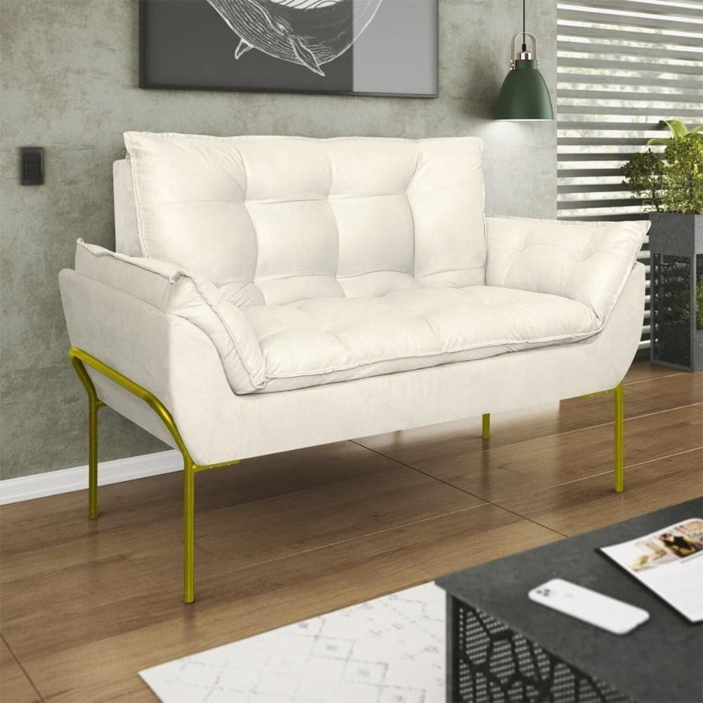 Sofá Namoradeira Base Metal Dourada Reforçada Tecido Suede Bege