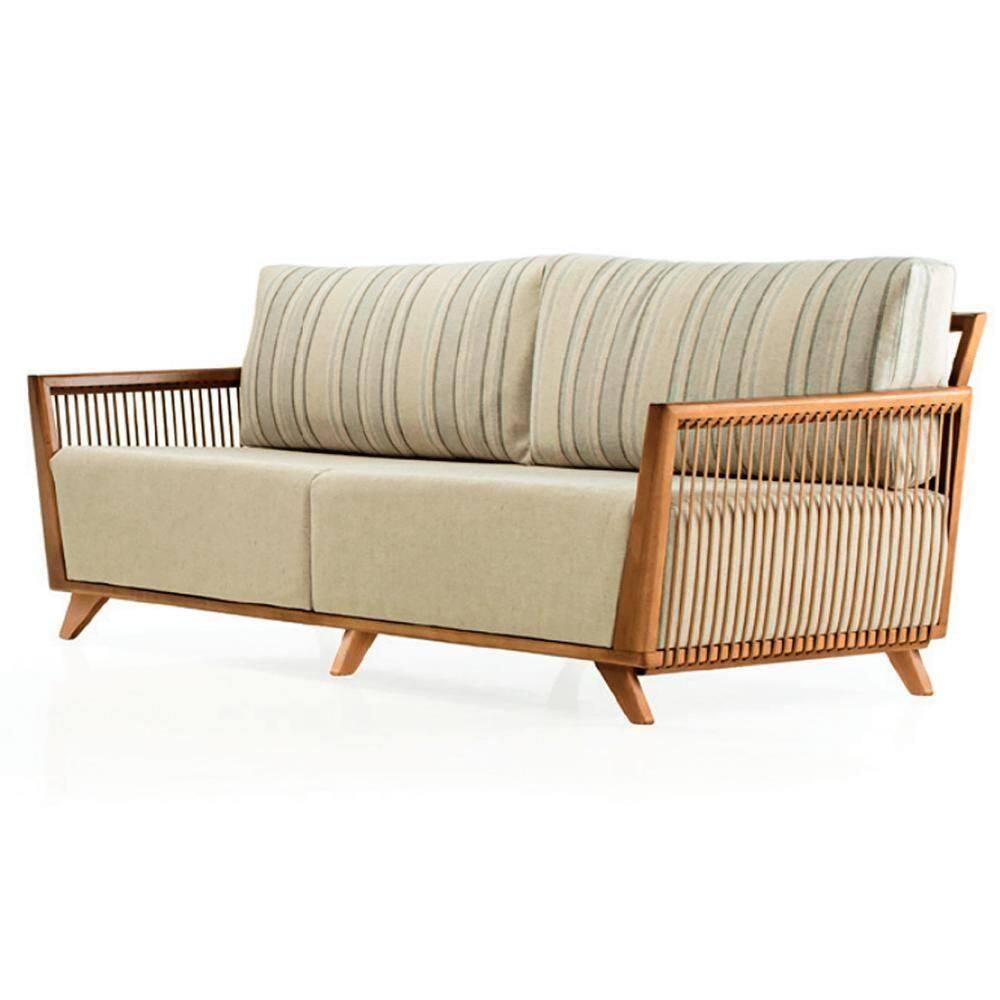 Sofá Odara Ozki 240 Cm Madeira Eucalipto Cedro Tecido Composê Bege E Verde Corda Redonda Rami