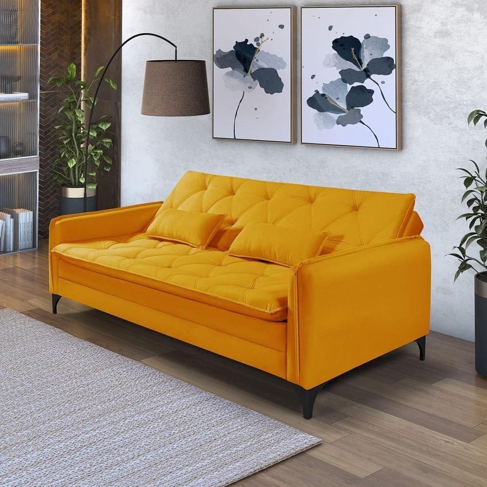 Sofá Cama Yara 3 Lugares Reclinável 2,08m Suede Amarelo