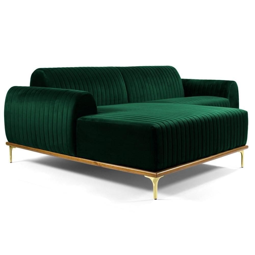 Sofá 230cm 4 Lugares Com Chaise Esquerdo Pés Gold Molino C-303 Veludo Verde Musgo - Domi