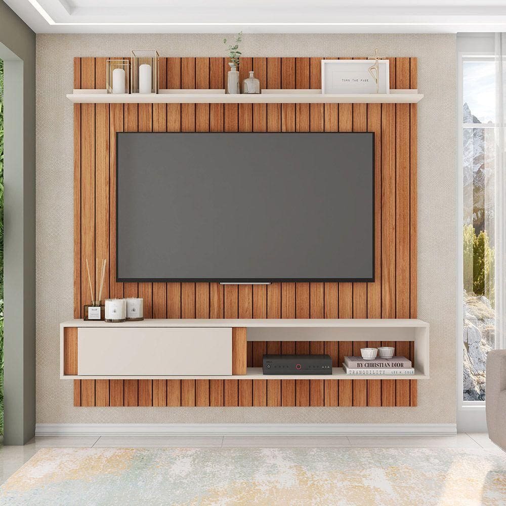 Painel Tv 75 Pol 180cm Bancada Suspensa Ripado Eluni Freijó-off White C01 - D`rossi