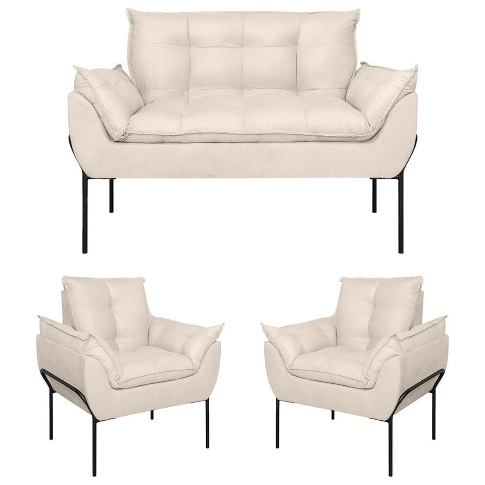Kit 02 Poltronas + Namoradeira Reforçada Opala Metal Preto Bege