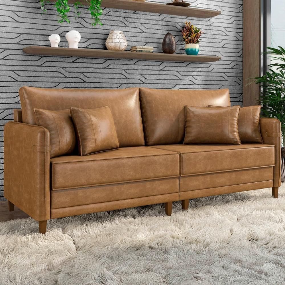 Sofá 3 Lugares Living 192cm Pé Madeira Zoe Sintético Camel Z08 - Mpozenato