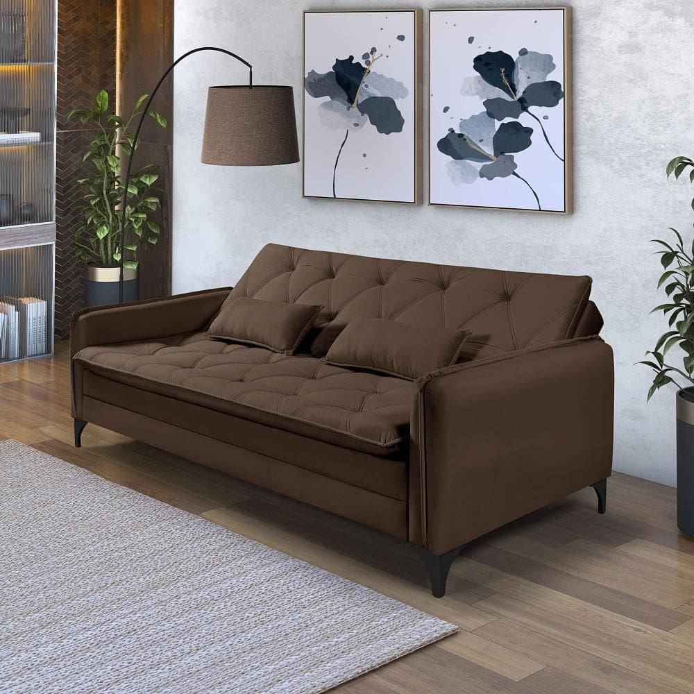 Sofá Cama Yara 3 Lugares Reclinável 2,08m Suede Marrom
