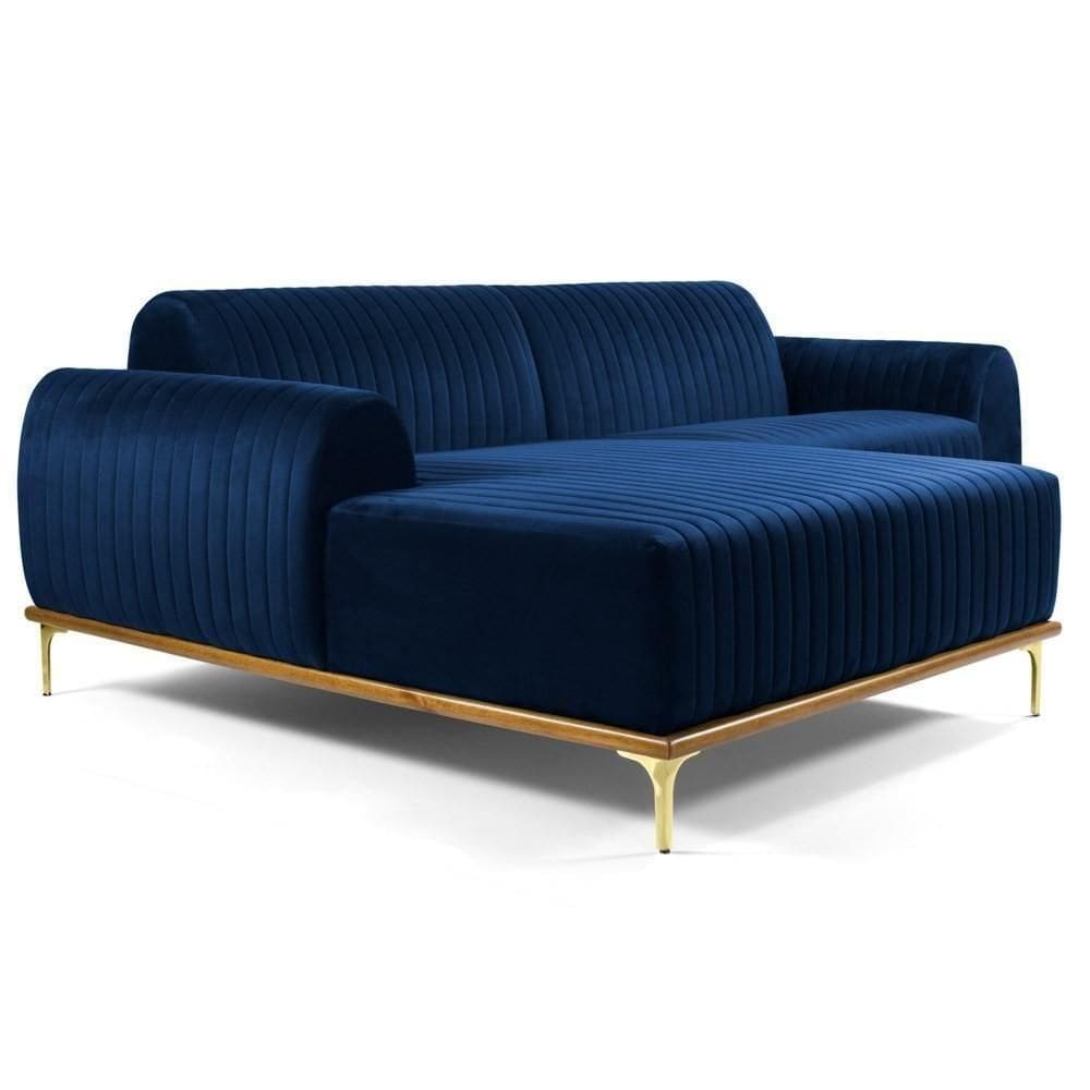 Sofá 350cm 6 Lugares Com Chaise Esquerdo Pés Gold Molino C-304 Veludo Azul Marinho - Domi