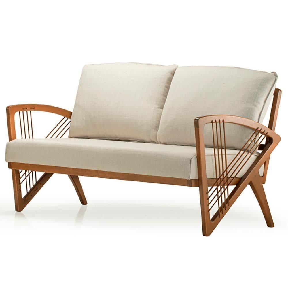 Sofá Gandú Ozki 137 Cm Madeira Eucalipto Cedro Tecido Bege Corda Couro Reconstituído