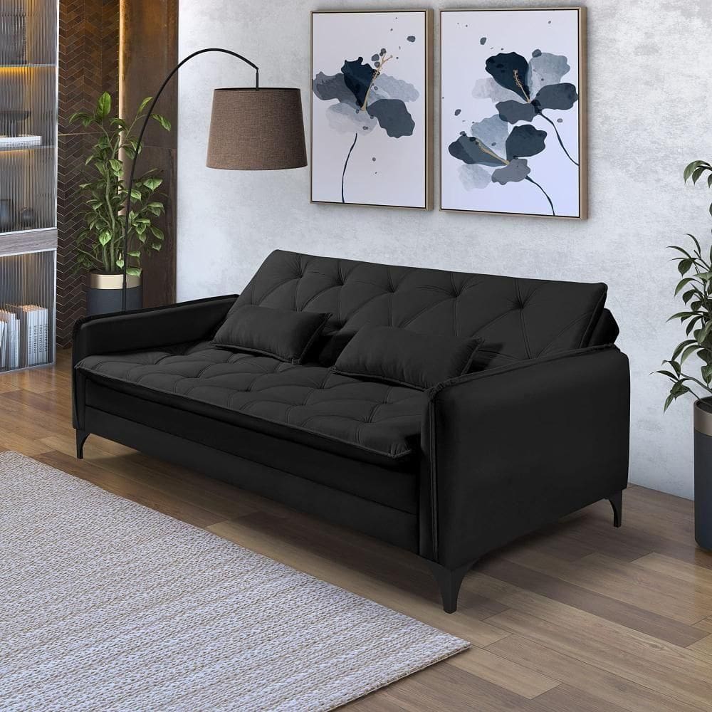 Sofá Cama Yara 3 Lugares Reclinável 2,08m Suede Preto