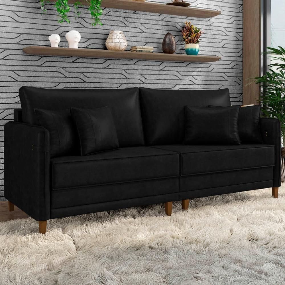 Sofá 3 Lugares Living 192cm Pé Madeira Zoe Sintético Preto Z08 - Mpozenato