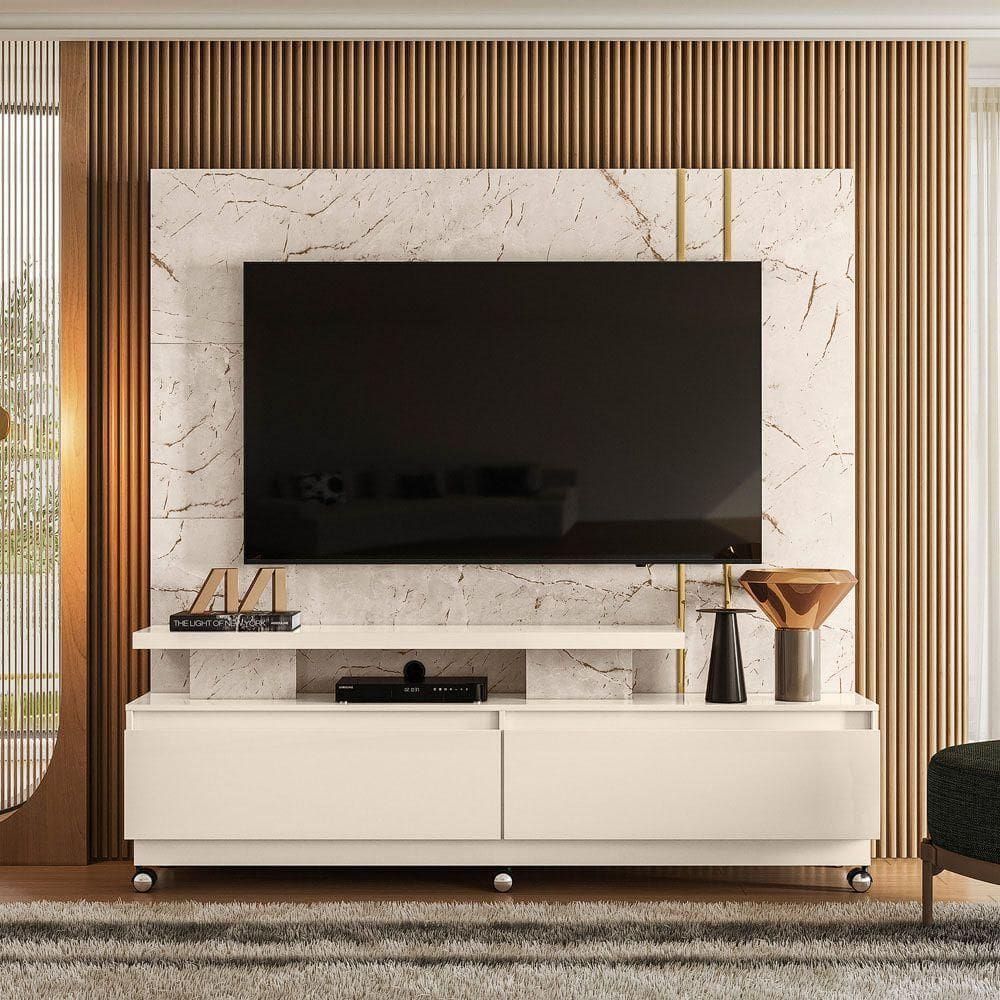 Estante De Tv 75 Pol 183cm Com Rodízio Sala Belora Calacata-off White M20 - D`rossi
