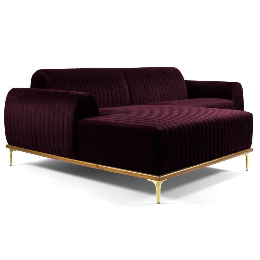 Sofá 255cm 4 Lugares Com Chaise Esquerdo Pés Gold Molino C-292 Veludo Uva - Domi