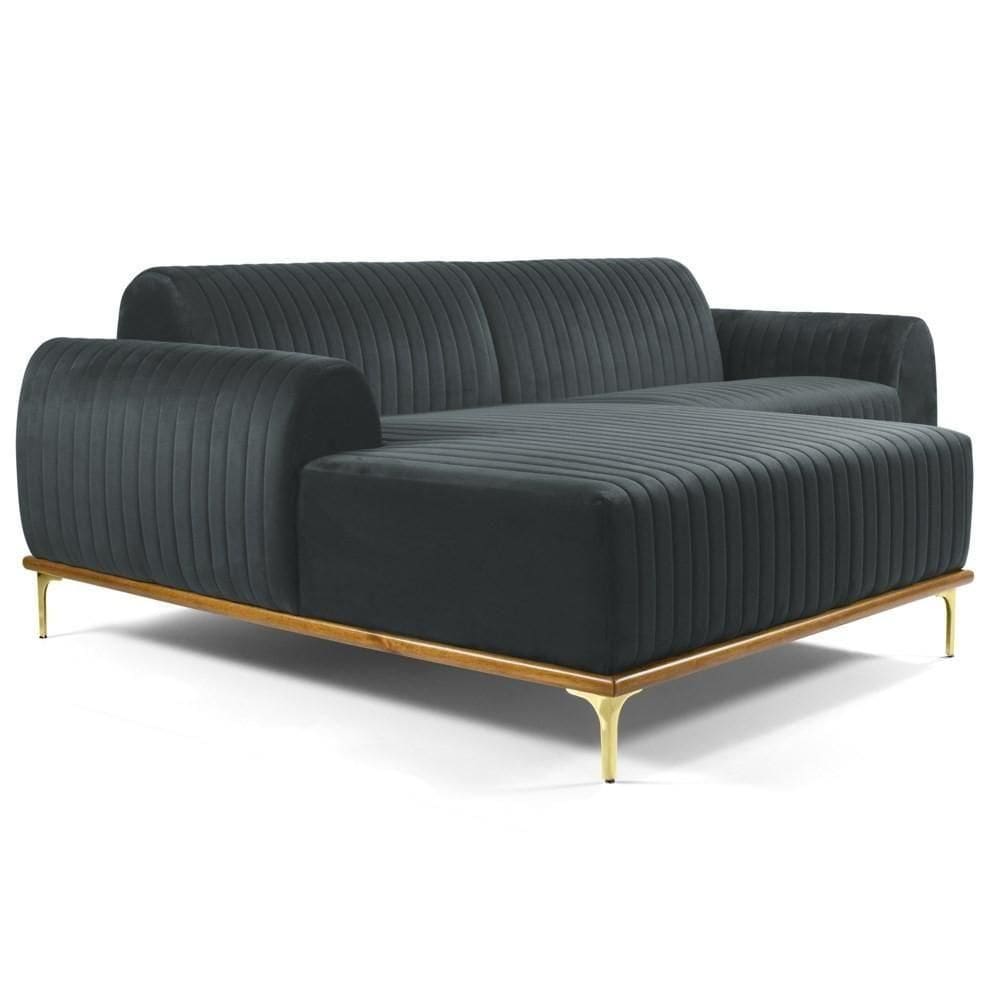 Sofá 300cm 5 Lugares Com Chaise Esquerdo Pés Gold Molino C-317 Veludo Cinza - Domi
