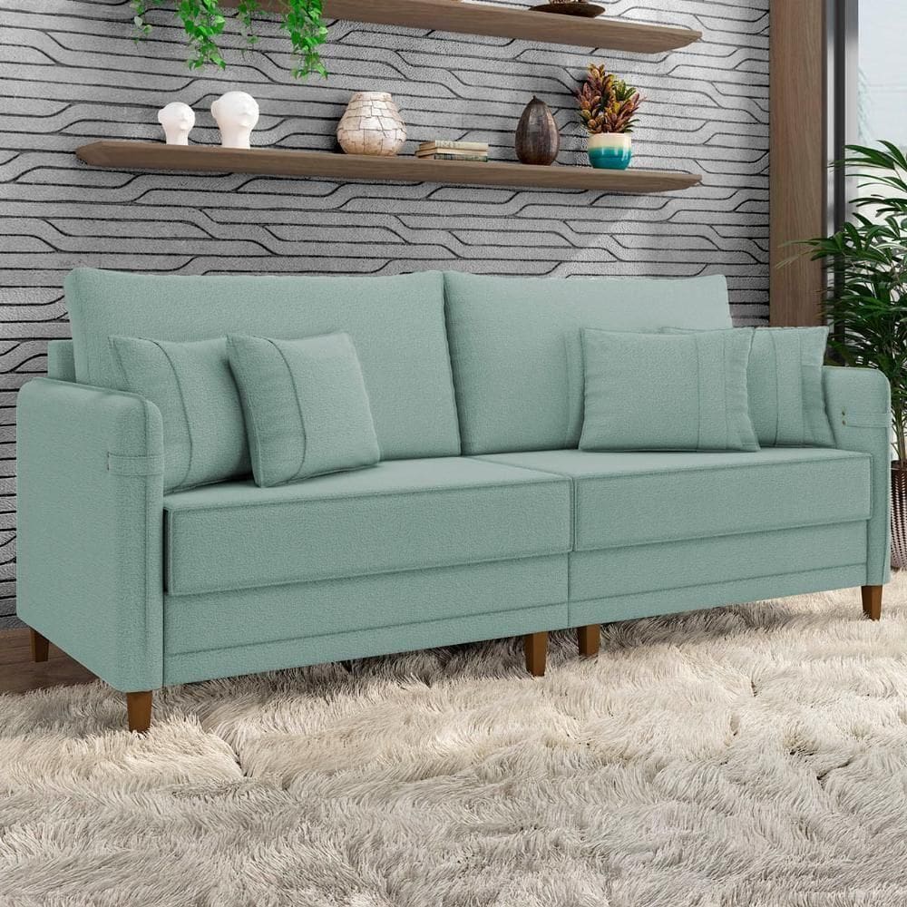 Sofá 3 Lugares Living 192cm Pé Madeira Zoe Boucle Pistache Z08 - Mpozenato