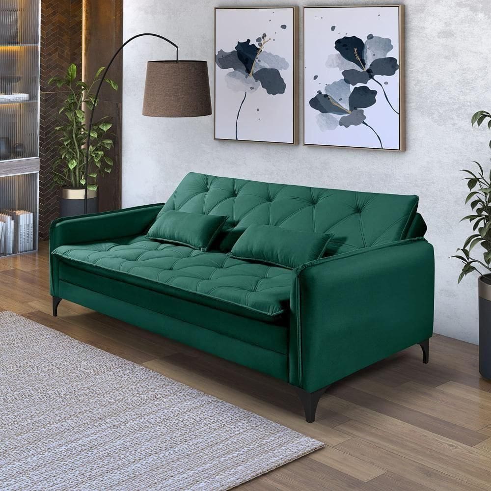 Sofá Cama Yara 3 Lugares Reclinável 2,08m Suede Verde