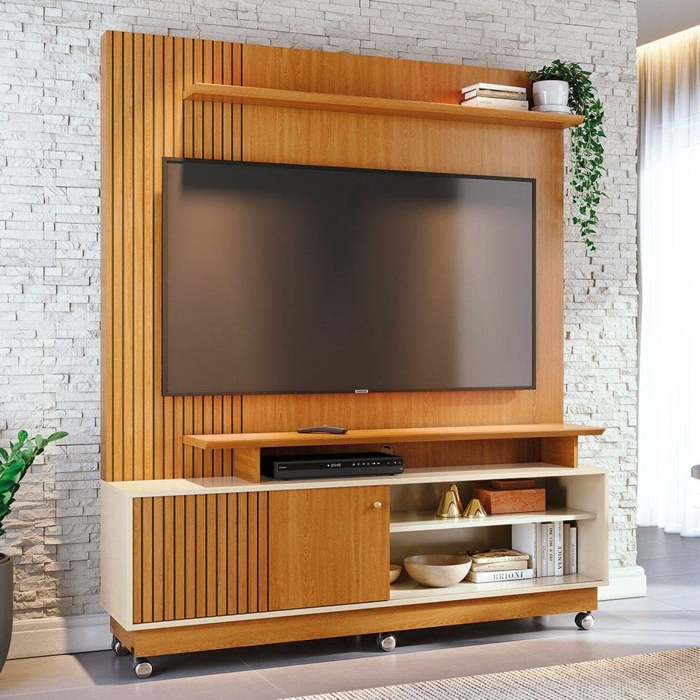 Estante De Tv 65 Pol 160cm Com Rodízio Para Sala Quirel Cinamomo-off White M20 - D`rossi